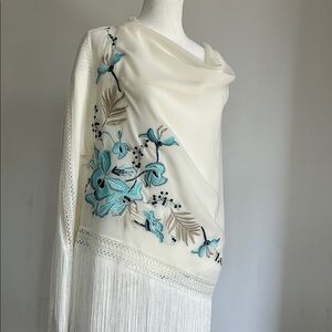 Per Se Embroidered Cream and Blue Floral Silk Wrap w Silk Satin Crochet Fringe